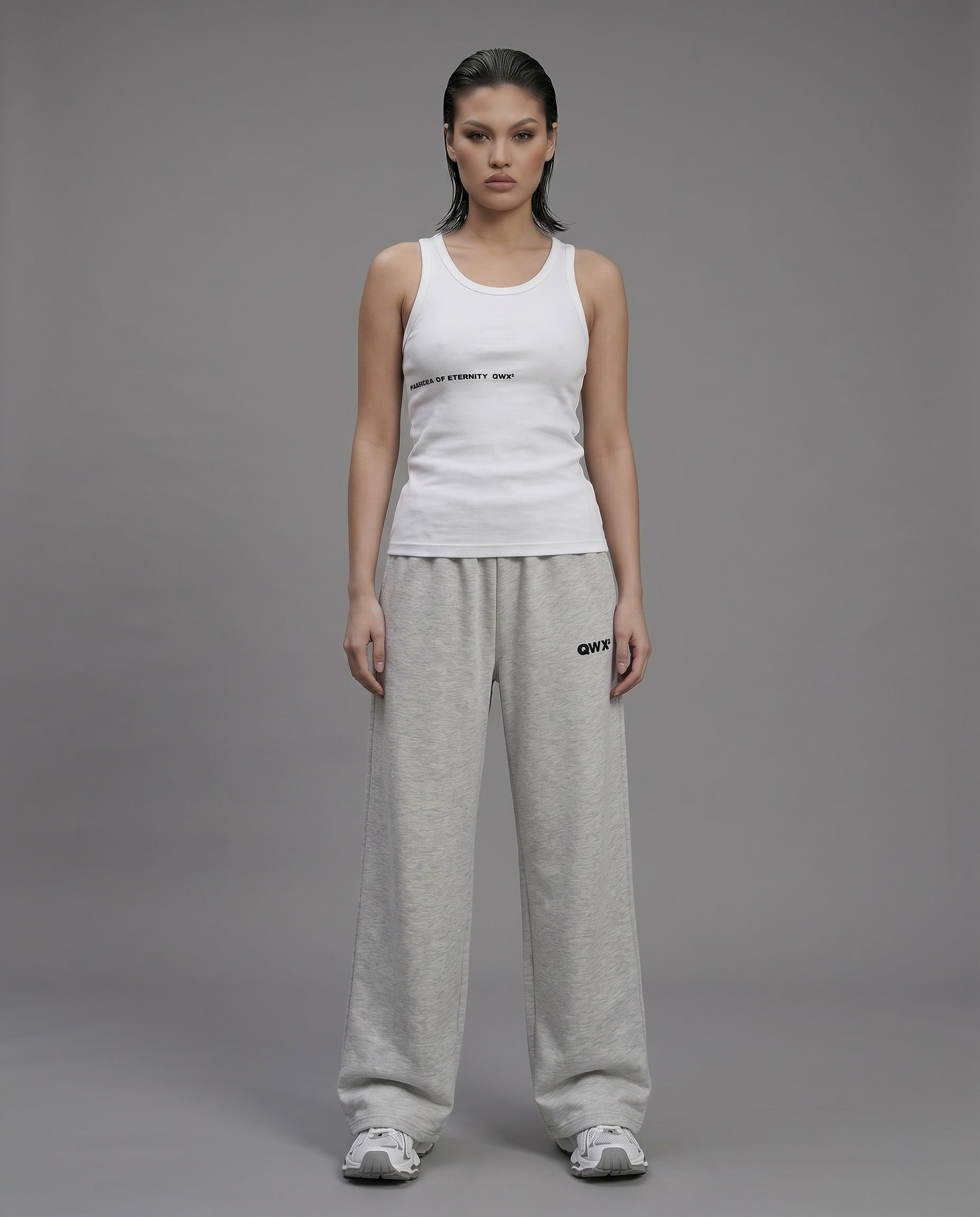 2-Piece Women Set: Ribbed Tank Top and Wide-Leg Sweatpants - Melange Grey