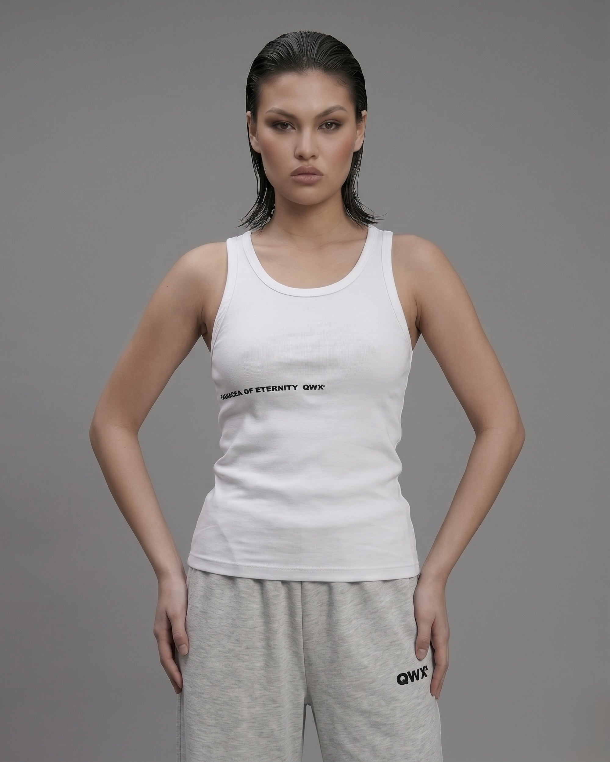 2-Piece Women Set: Ribbed Tank Top and Wide-Leg Sweatpants - Melange Grey