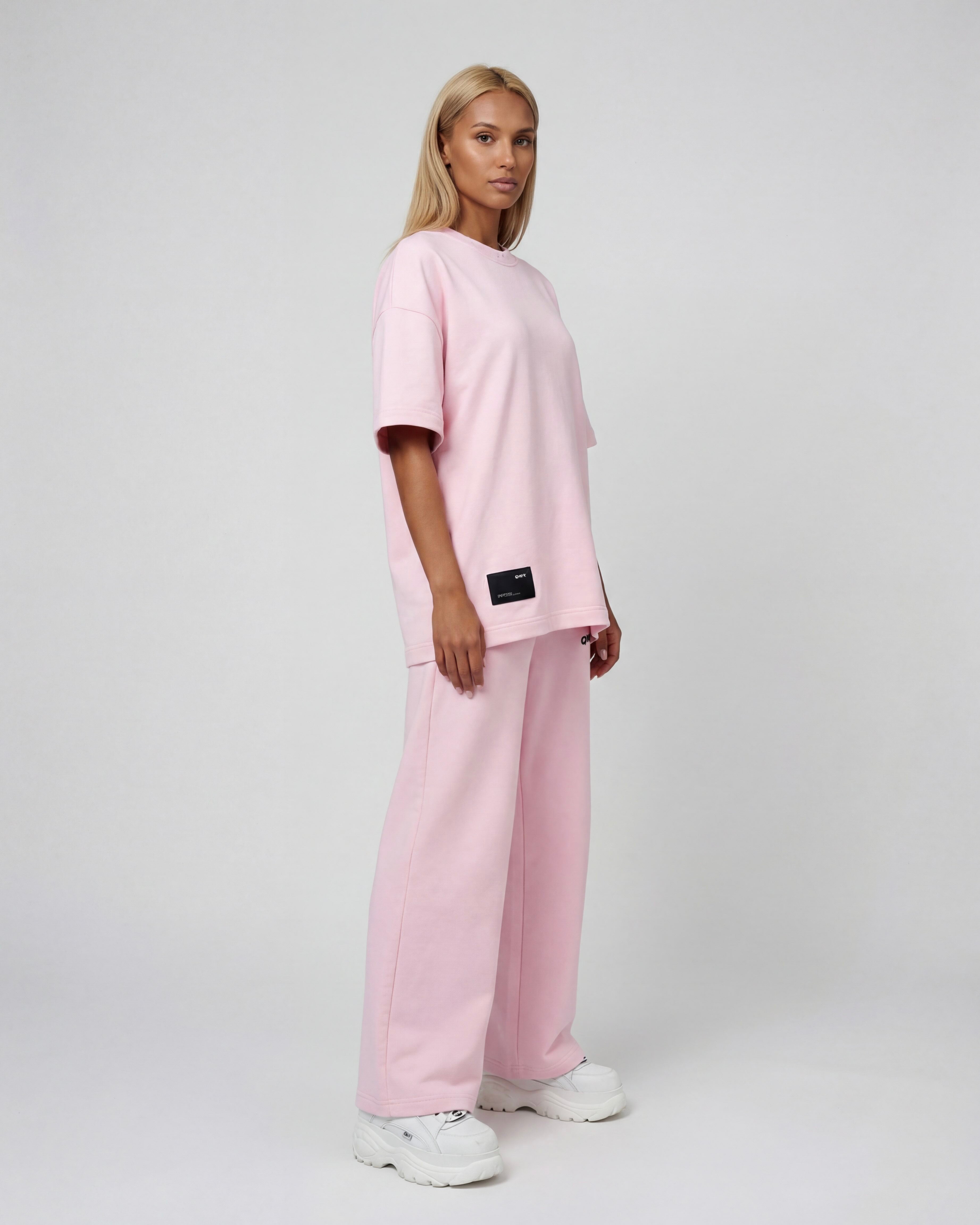 Conjunto de 2 piezas para mujer: camiseta urbana y pantalón de pernera ancha – Rosa